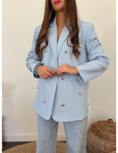 Colby - blazer bleu ciel à cœurs métalliques argentés