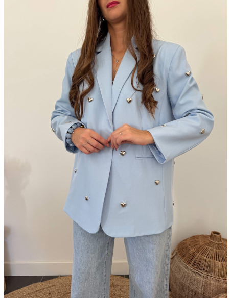 Colby - blazer bleu ciel à cœurs métalliques argentés