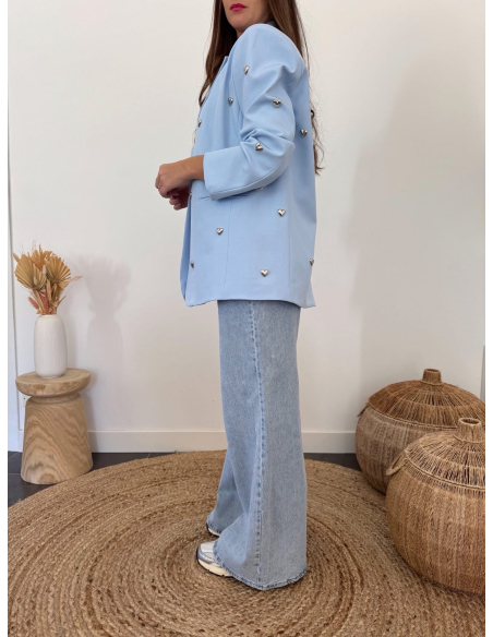 Colby - blazer bleu ciel à cœurs métalliques argentés