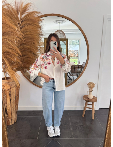 Raone - chemise écrue brodée florales