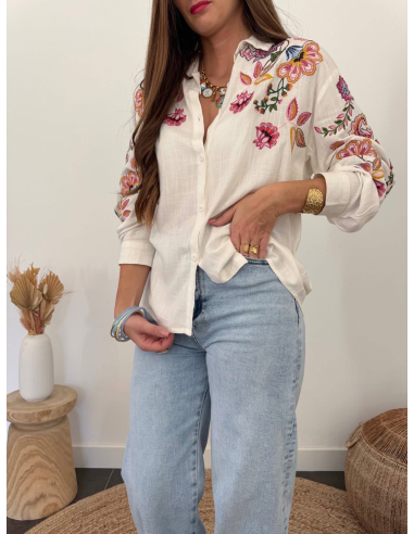Raone - chemise écrue brodée florales