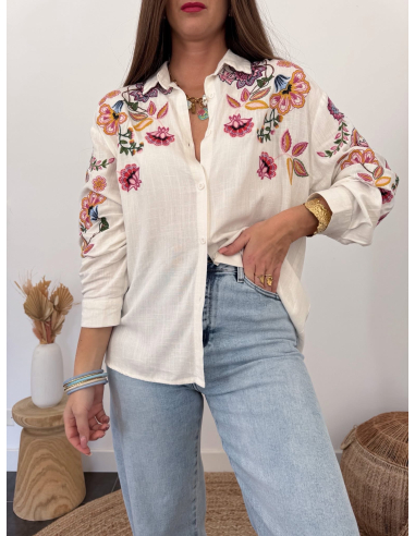 Raone - chemise écrue brodée florales