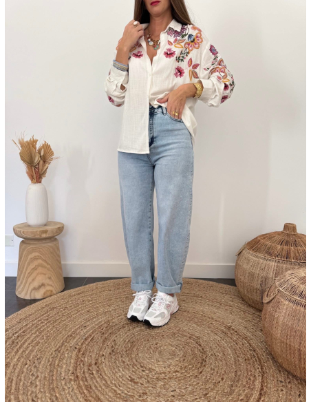 Raone - chemise écrue brodée florales