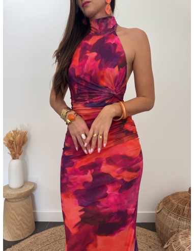 Lindiana - robe longue fuchsia/orange