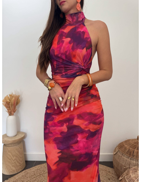 Lindiana - robe longue fuchsia/orange