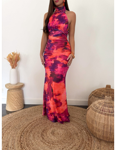 Lindiana - robe longue fuchsia/orange