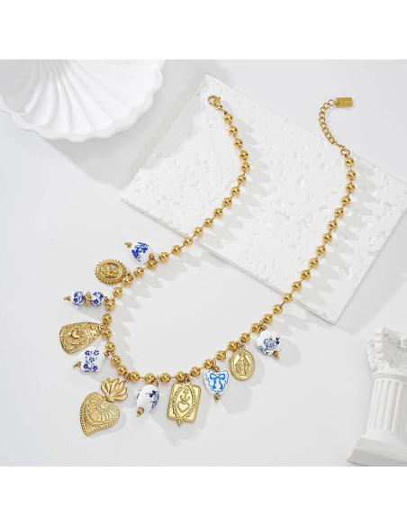 Elodie - collier à breloques bleu/doré