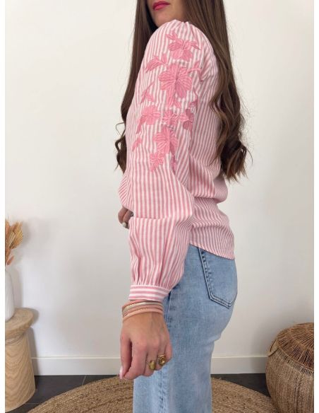 Laura - chemise rose brodée