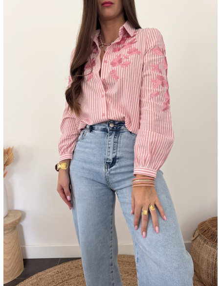 Laura - chemise rose brodée
