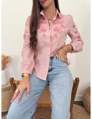 Laura - chemise rose brodée
