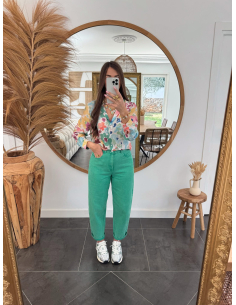 Farès - jean barrel vert délavé