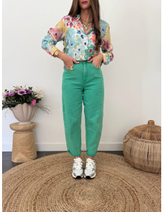 Farès - jean barrel vert délavé 2