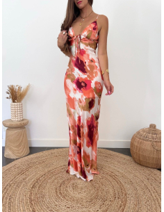 Aurianne - robe longue imprimé corail