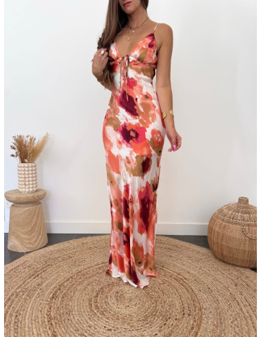 Aurianne - robe longue imprimé corail