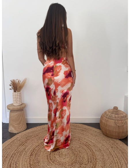 Aurianne - robe longue imprimé corail