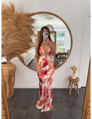 Aurianne - robe longue imprimé corail