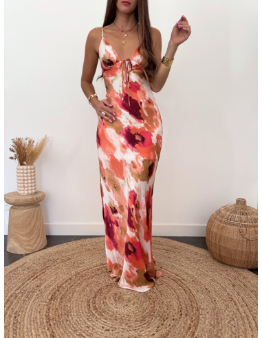 Aurianne - robe longue imprimé corail