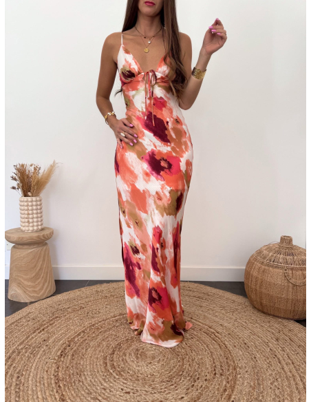 Aurianne - robe longue imprimé corail