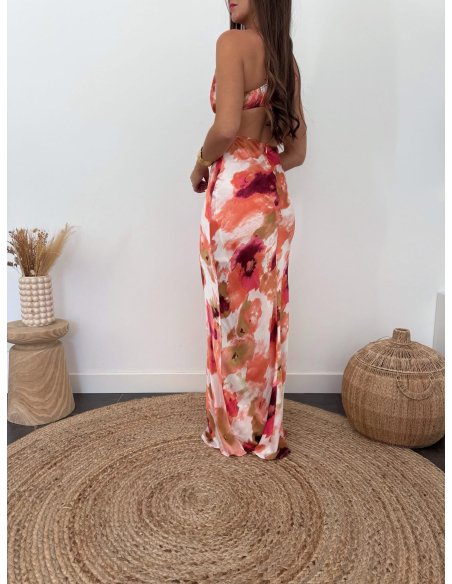 Aurianne - robe longue imprimé corail
