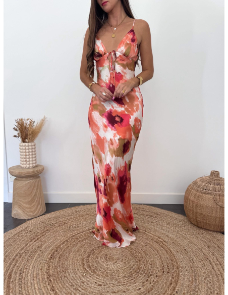 Aurianne - robe longue imprimé corail