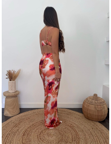 Aurianne - robe longue imprimé corail