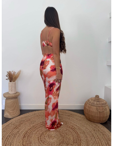 Aurianne - robe longue imprimé corail