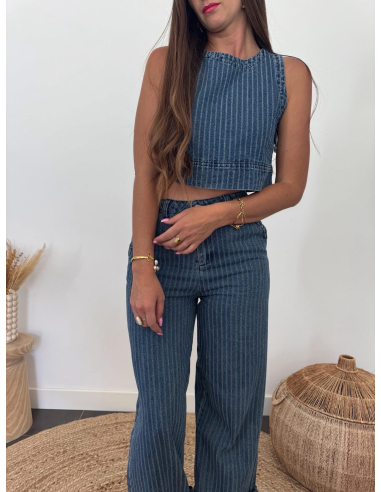 Livio - top denim rayures bleu