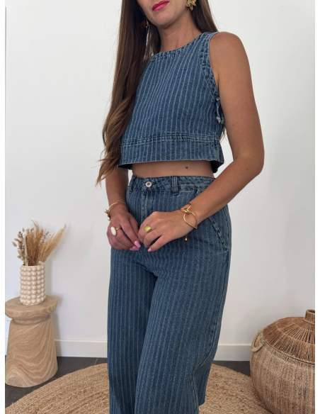Livio - top denim rayures bleu