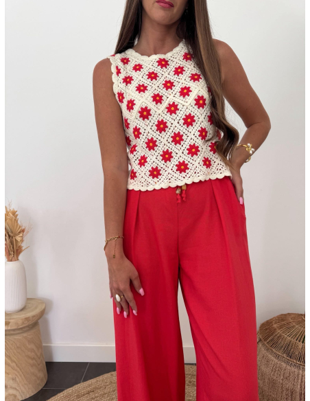 Celiane - top crochet fleurs rouges