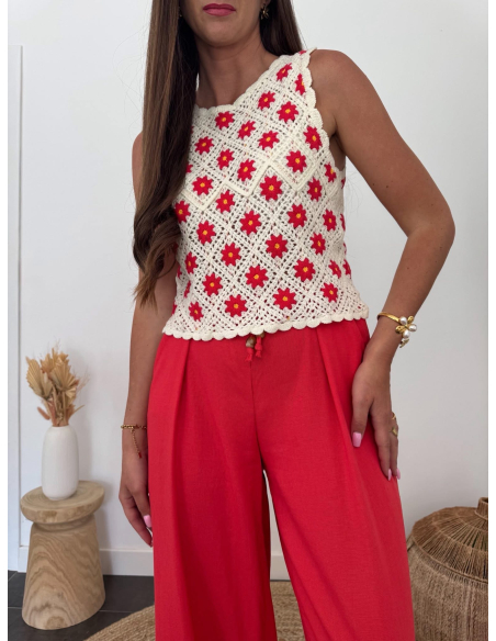 Celiane - top crochet fleurs rouges