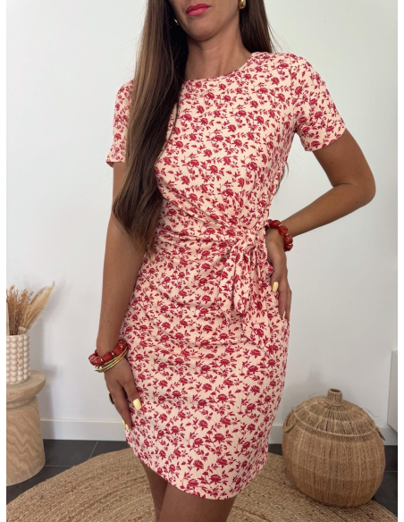 Lika - robe fleurie beige & rouge