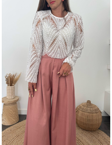 Arina - blouse dentelle perlé blanche