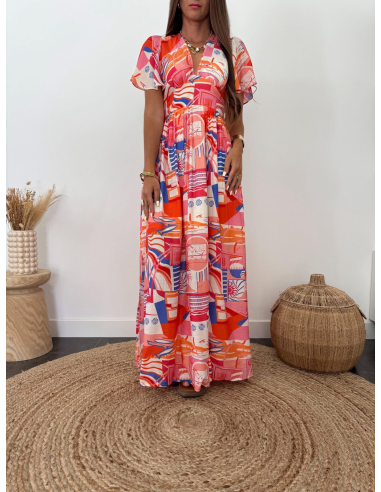 Anissa - robe longue corail/bleu