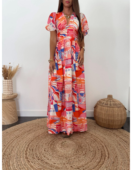 Anissa - robe longue corail/bleu
