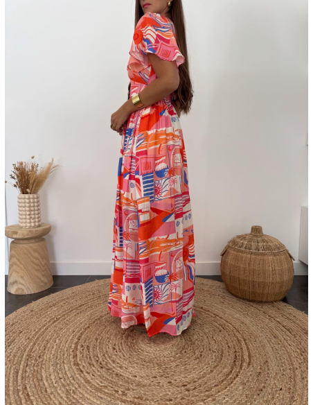 Anissa - robe longue corail/bleu