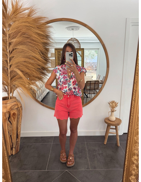 Tristane - blouse fleurie bleu & corail