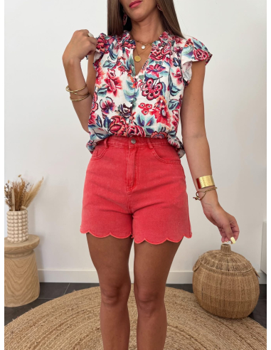 Tristane - blouse fleurie bleu & corail