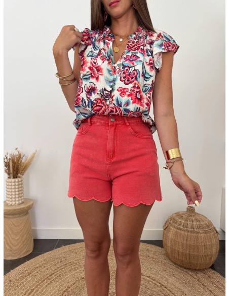Tristane - blouse fleurie bleu & corail