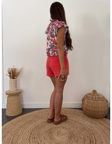 Tristane - blouse fleurie bleu & corail