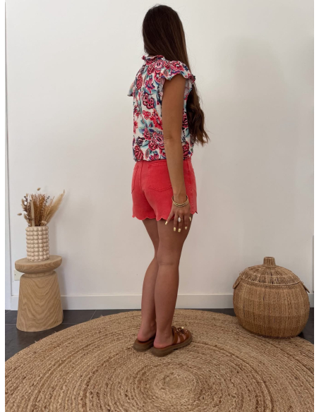 Tristane - blouse fleurie bleu & corail