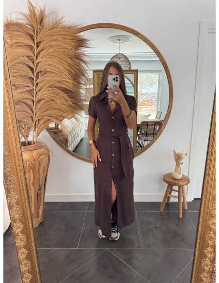Albine - robe chemise en suédine chocolat