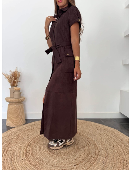 Albine - robe chemise en suédine chocolat