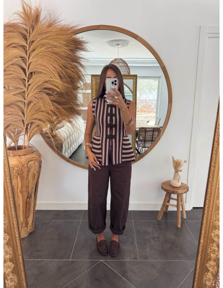 Cazia - top rayé en maille taupe/choco