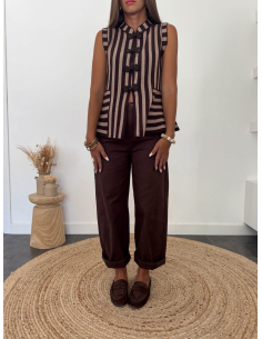 Cazia - top rayé en maille taupe/choco 2