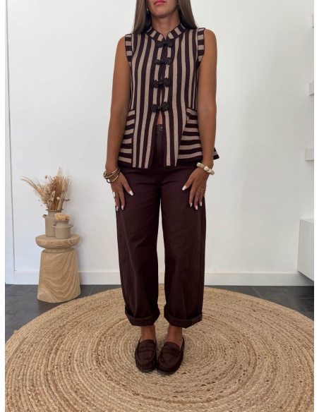 Cazia - top rayé en maille taupe/choco