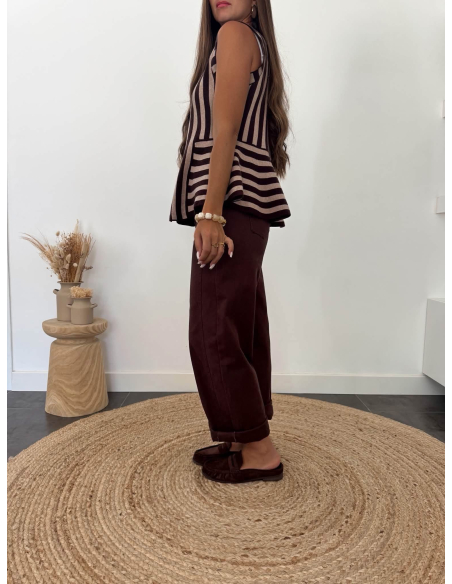 Cazia - top rayé en maille taupe/choco