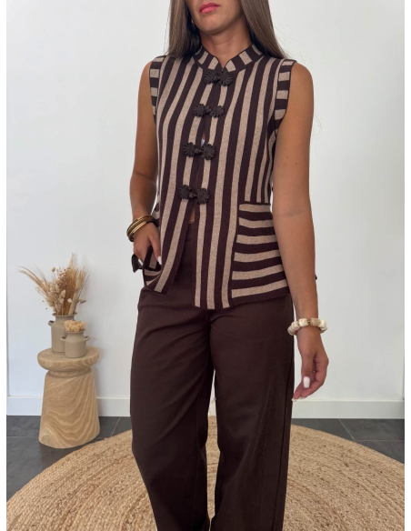 Cazia - top rayé en maille taupe/choco