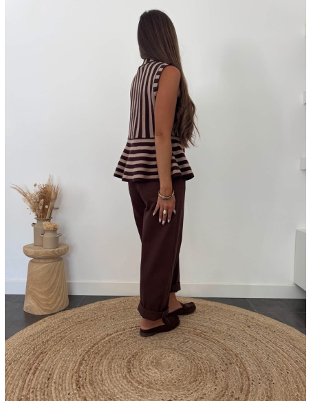 Cazia - top rayé en maille taupe/choco