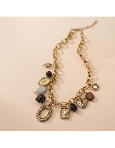 Marine - collier charms dorés & pierres chocolat