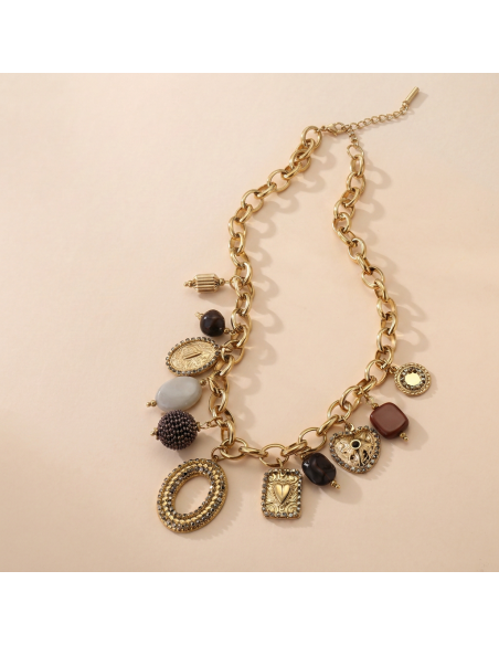 Marine - collier charms dorés & pierres chocolat
